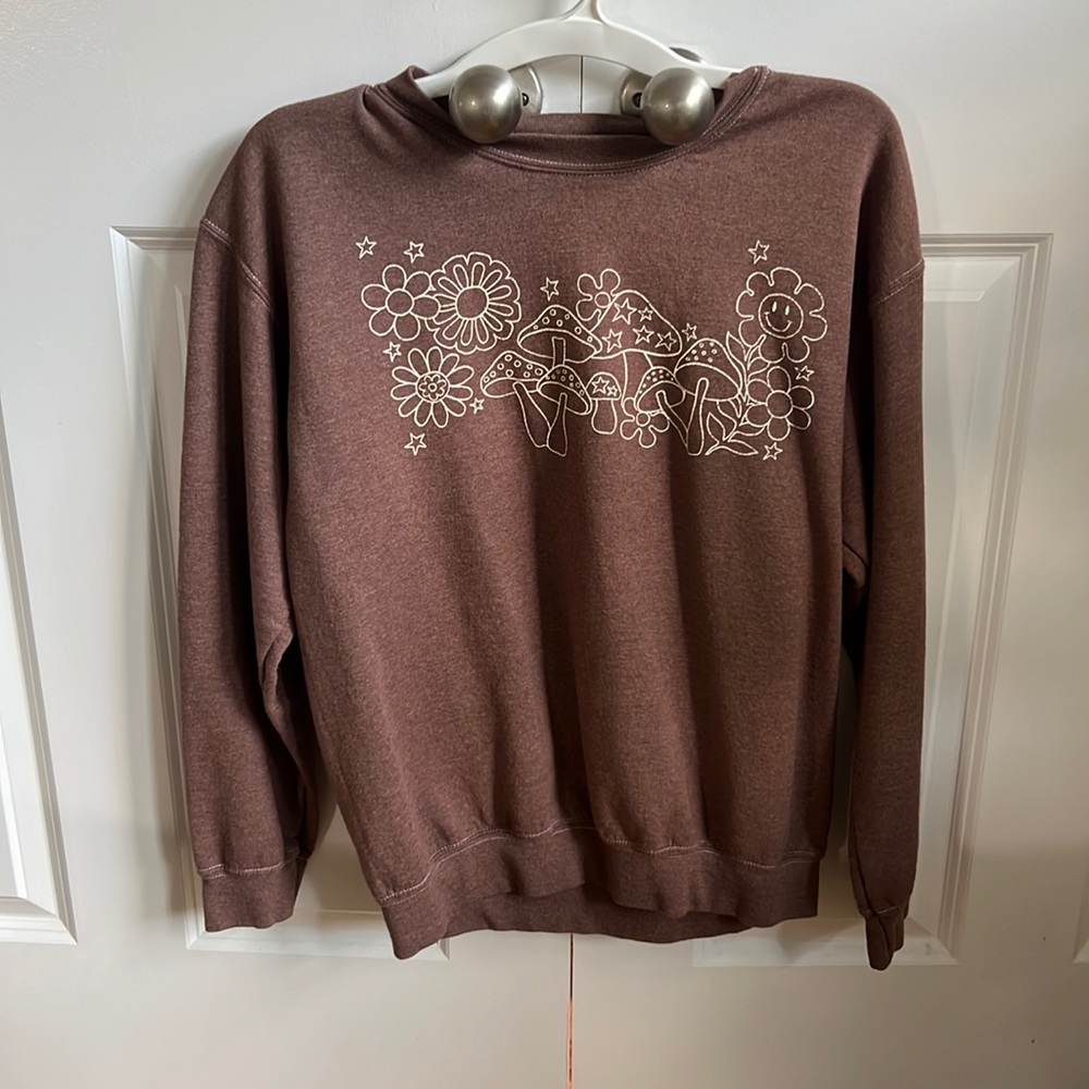 Brown Crewneck with Flowers and Mushrooms by Pacsun